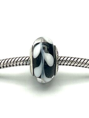 Pandora Black & White Swirl Murano Glass Bead Charm Sterling Silver Retired